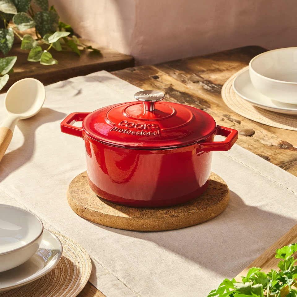 image 1 of Cooks professional Cast Iron Casserole Dish 20cm - Ovenproof Pan with Lid | Red | Red | 1