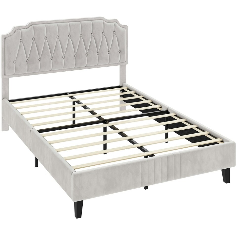 image 1 of Yaheetech 135 cm W x 190 cm L Upholstered Bed Frame with Button-Tufted Headboard Beige