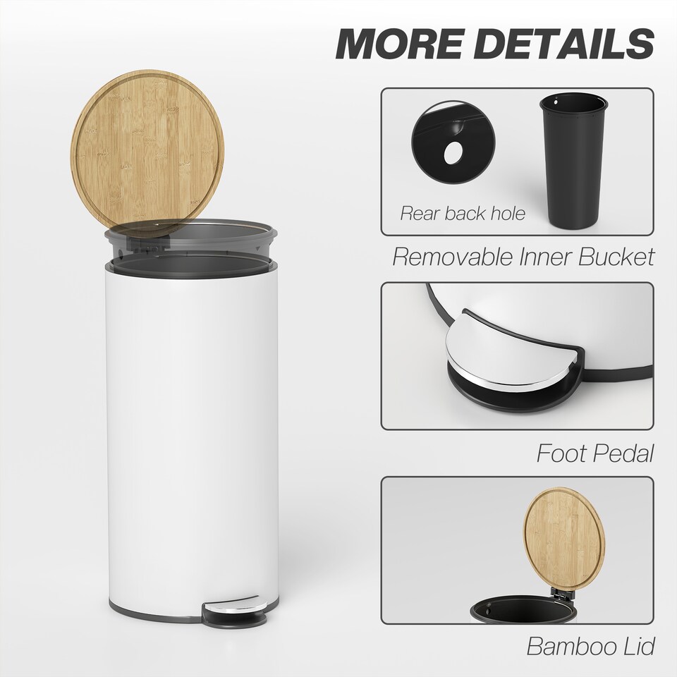 image 1 of HOMCOM Kitchen Bin, 30 Litre Pedal Rubbish Bin with Removable Bucket, White
