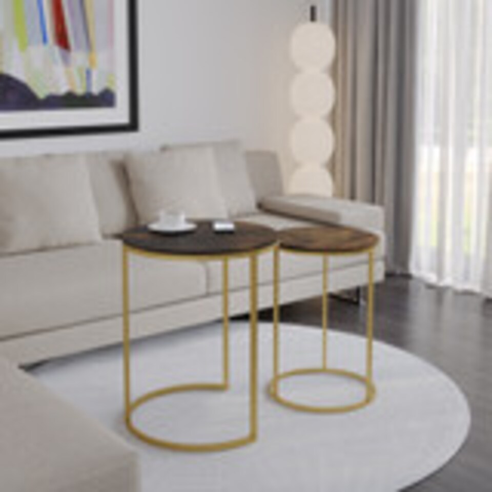 image 1 of 2Pc Round Nesting Stackable Sofa Side Bedside End Table Set Wood Top Metal Legs | Multi | Rustic Brown Top with Gold Legs