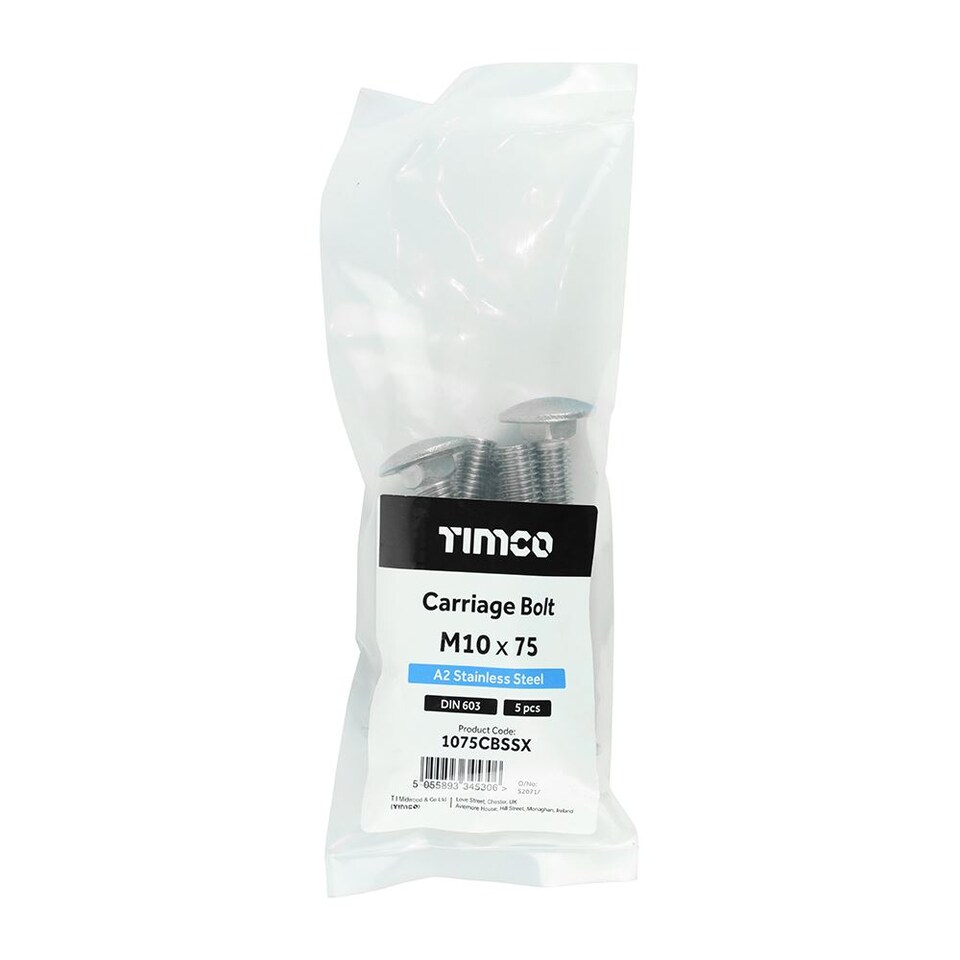 image 1 of Timco - Carriage Bolts - A2 Stainless Steel (Size M10 x 75 - 5 Pieces)