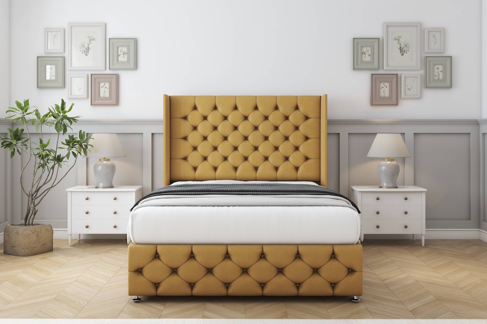 image 1 of Sloomy Luthor Mustard Plush Divan Bed Base No Drawers With 54 Inch Wingback Headboard & 12 Inch Matching Footboard | Gold | Mustard | Single | 1