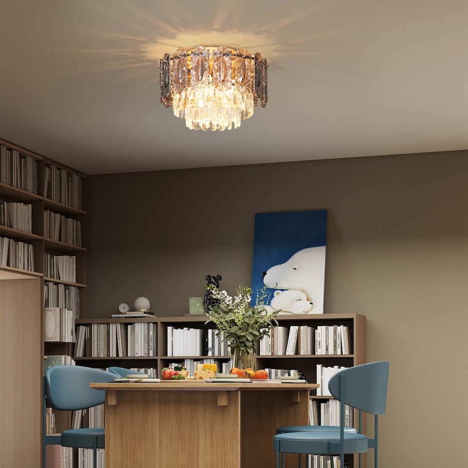 image 1 of HOMCOM Chandelier Ceiling Light, 3-Light Vintage Flush Mount Fixture with Dual Crystal and Smoke Glass Shade, LED Ceiling Light for Living Room Bedroom, 3 E27 Sockets, Bulbs Not Included, Gold Tone