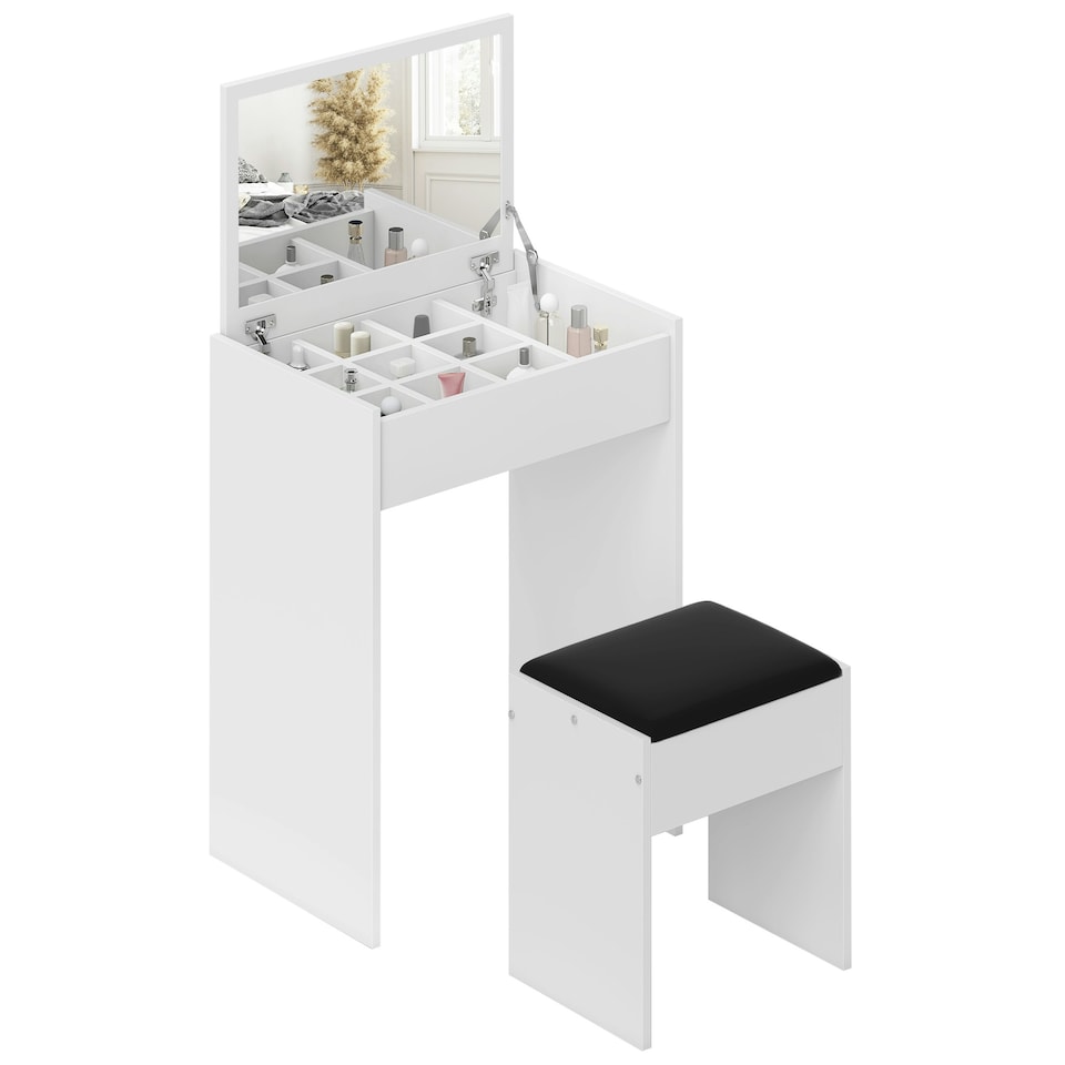 image 1 of HOMCOM Dressing Table Set Padded Stool with Flip-up Mirror Multi-purpose - White