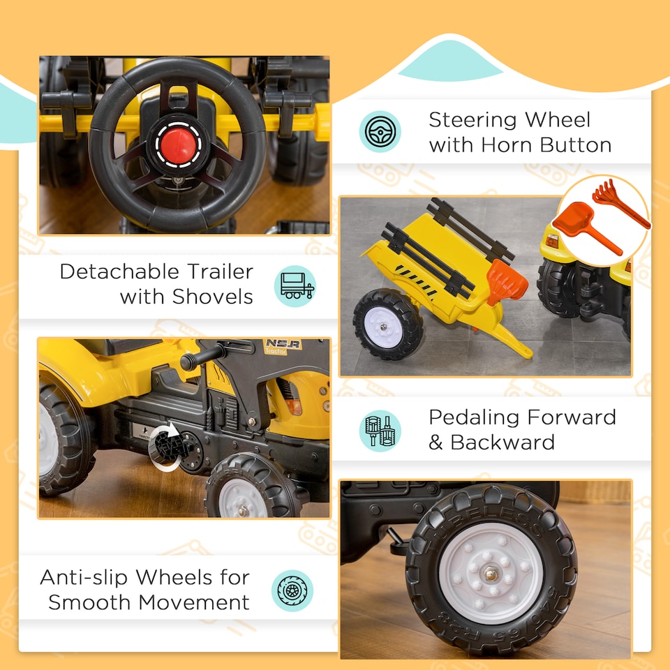 image 1 of HOMCOM Kids Pedal Go Kart, Children Ride on Digger, Ride on Toy Car, Excavator Tractor Digger Dumper for Kids 3 Years, Yellow