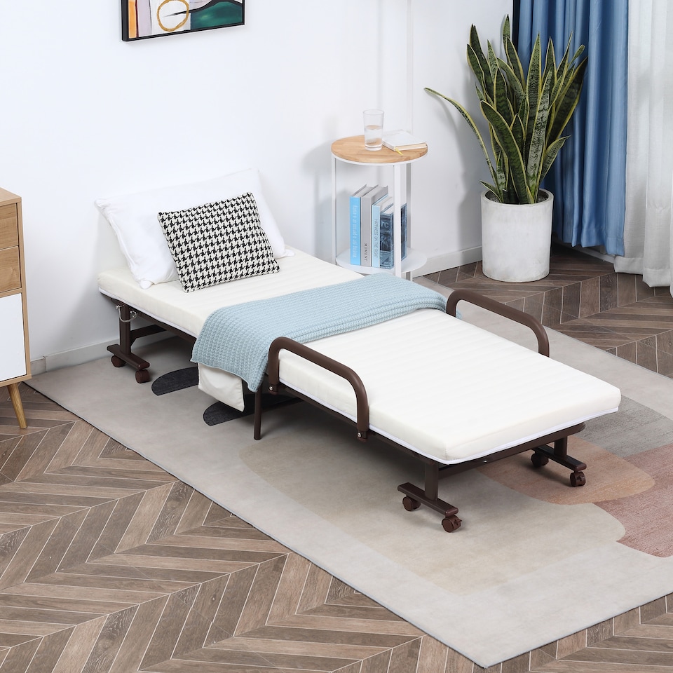 image 1 of HOMCOM Folding Bed with Mattress, Single Guest Bed, Portable Fold Bed with Adjustable Backrest, Metal Frame on Wheels, White, 190 x 76 cm
