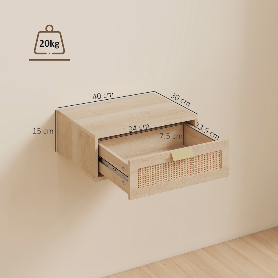 image 1 of HOMCOM Floating Bedside Tables Set of 2, Boho Nightstands with Rattan Drawer | Brown | Oak | 40 x 30 x 15 cm