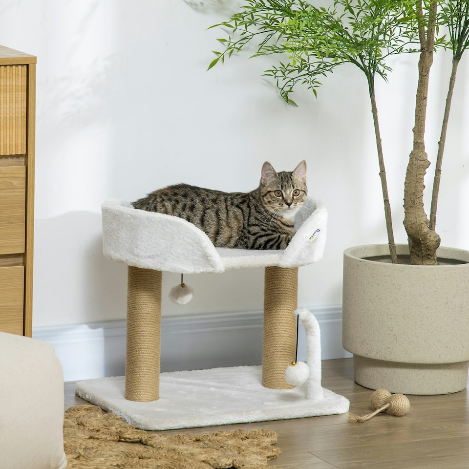 image 1 of PawHut Cat Tree Tower Scratcher with Bed for Indoor Cats, White