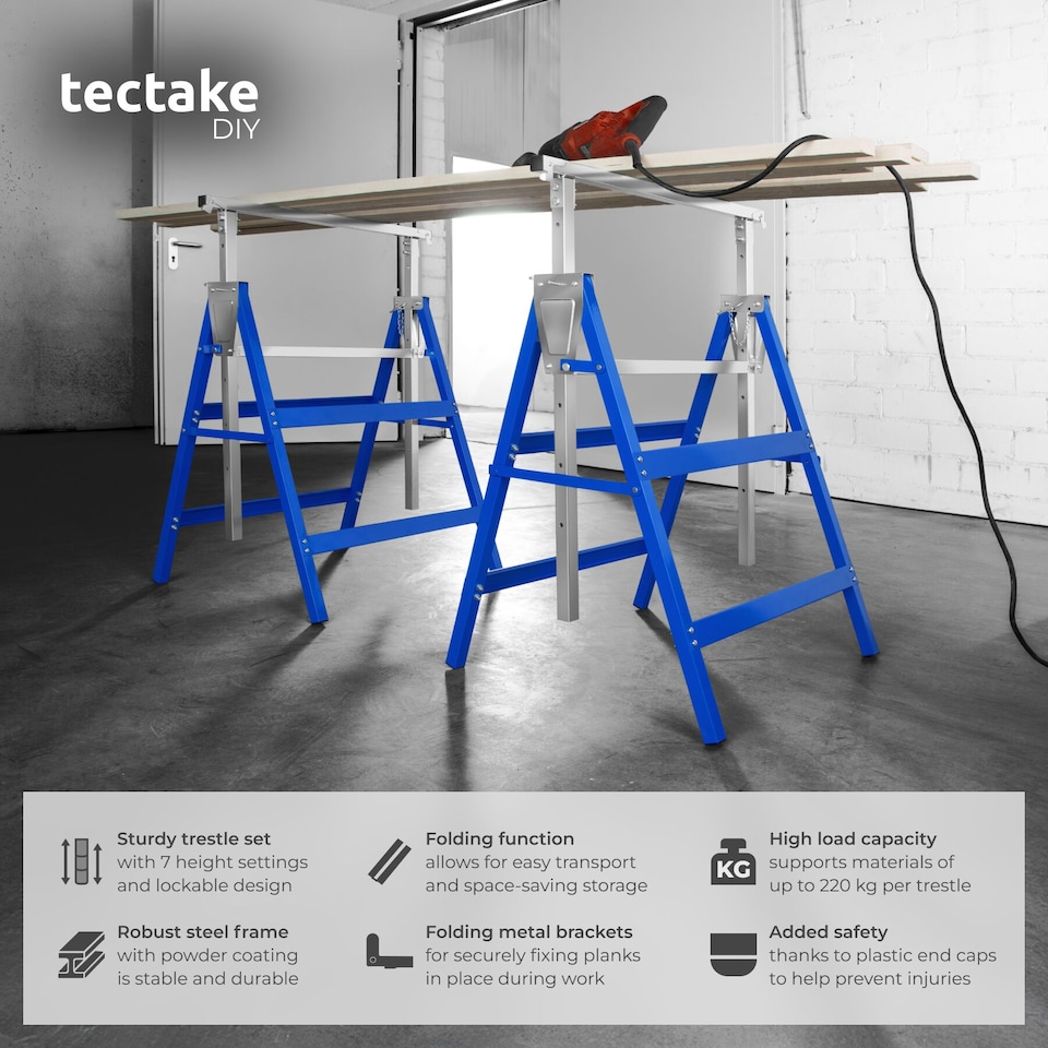 image 1 of Scaffold Trestle Set of 2 - A Frame, foldable, 7-step height adjustable | Blue | blue | 68,50 x 56,50 x 79,50 cm | 2