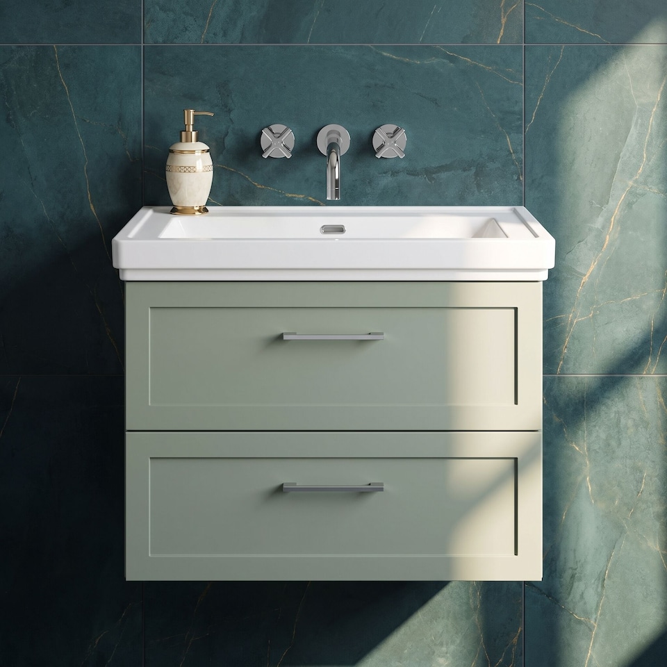 image 1 of Balterley Stonnall Traditional Wall Hung 2 Drawers Vanity Unit with Traditional 0 Tap Hole Fireclay Basin, 800mm, Reed Green