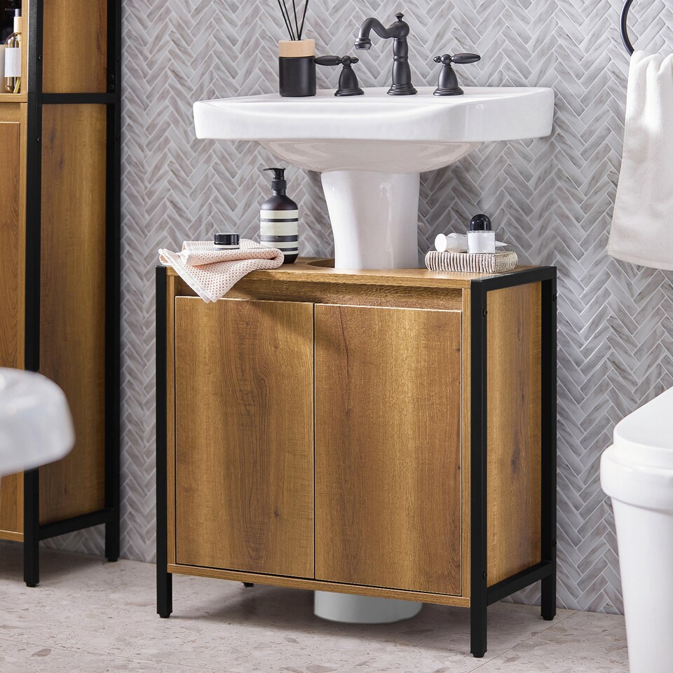 image 1 of SoBuy Slim Under Sink Bathroom Cabinet with 2 Doors & Shelf, Light Brown, 23.6x11.8x23.6 inches, 13.85 kg - BZR63-II-PF