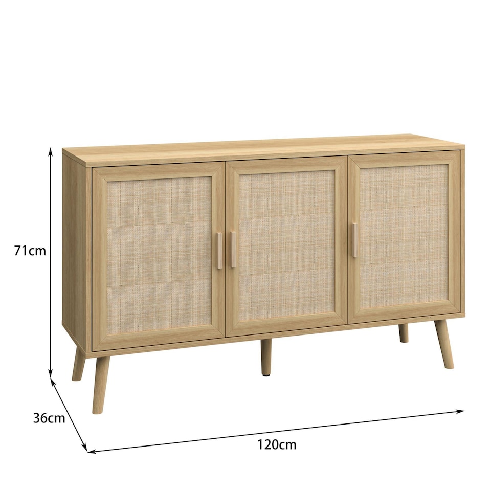 image 1 of Sideboard 3 Rattan Doors Solid Wooden Legs Cabinet Home Living Room Furniture