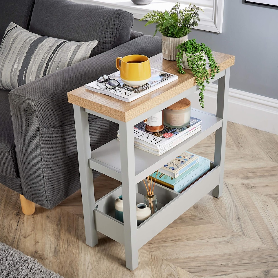 image 1 of Side Table Grey Oak Effect Top Storage Shelves Organiser Home Room Furniture