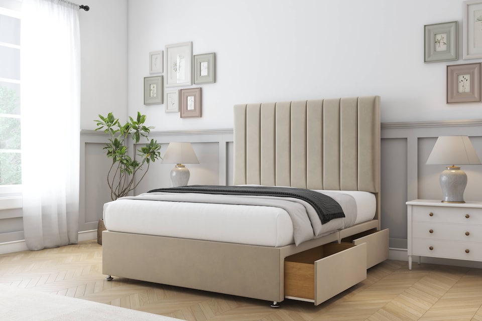 image 1 of Sloomy Kansas Almond Coniston Divan Bed Base 2 Drawers Foot-End With 26 Inch Strutted Headboard | Cream | Almond | Super King | 1