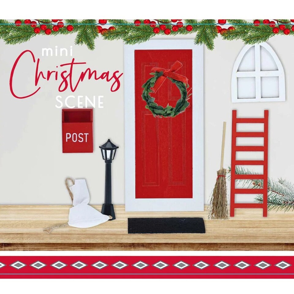 image 1 of 9Pcs Miniature Wooden Elf Christmas Village Scene Red & White Door Decoration | Multi | Multicoloured | Lantern