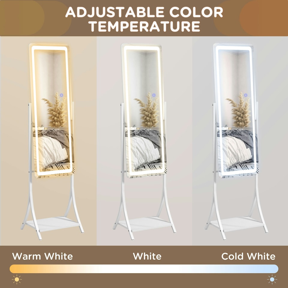 image 1 of HOMCOM LED Lighted Full Length Mirror, Floor Standing Mirror with Storage Shelf