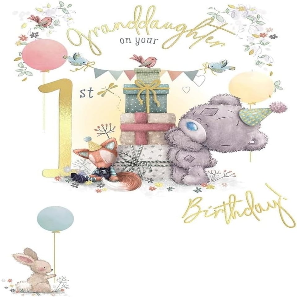 image 1 of Bear And Pile Of Gifts Granddaughter Happy 1st Birthday Card