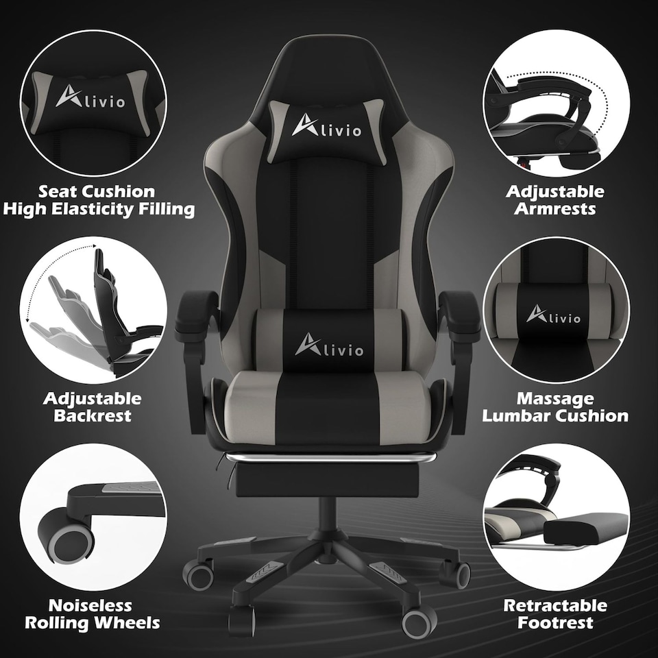 image 1 of Alivio Ergonomic Gaming Chair with Massage Lumbar Cushion & Retractable Footrest, PU Leather Video Game Chair (Grey)