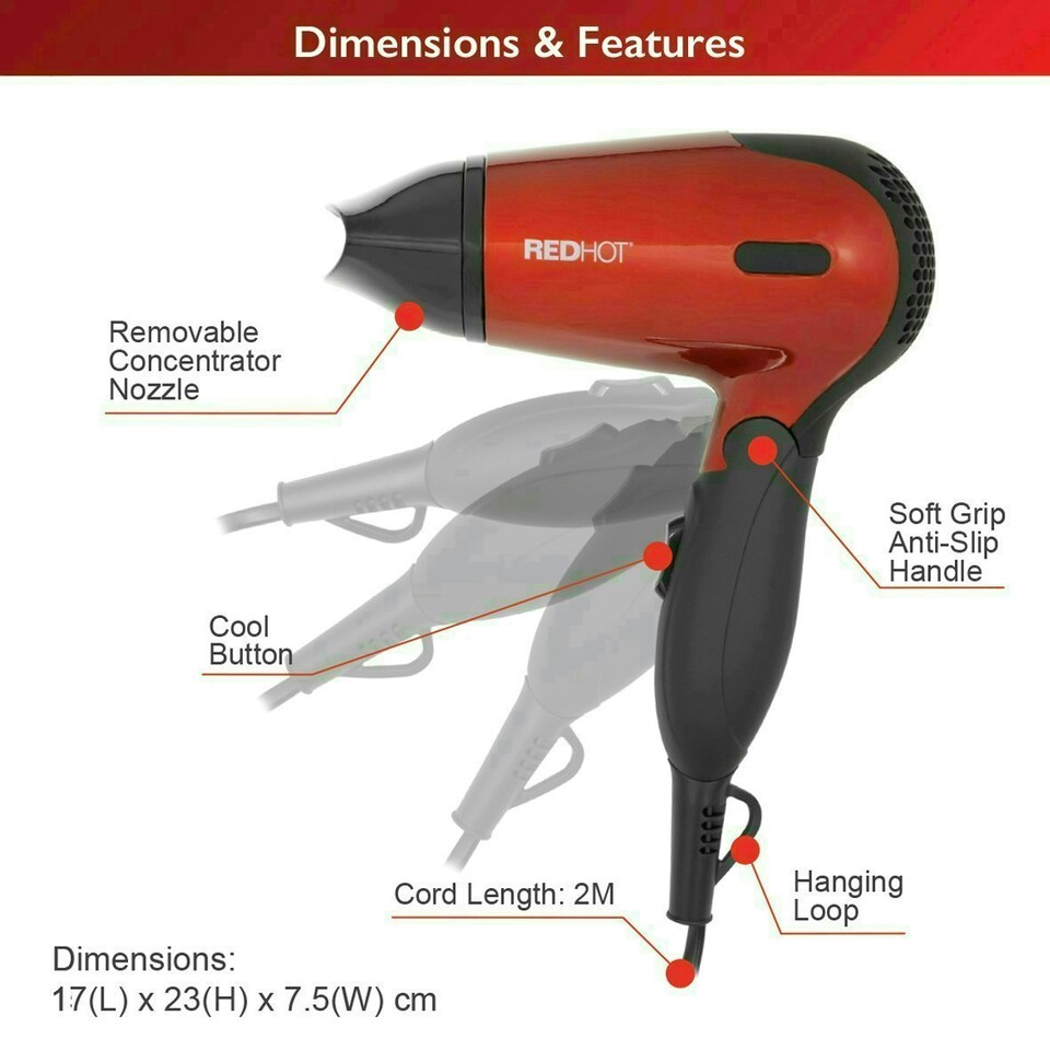 image 1 of Red Hot 1200W Travel Hair Dryer with Folding Handle