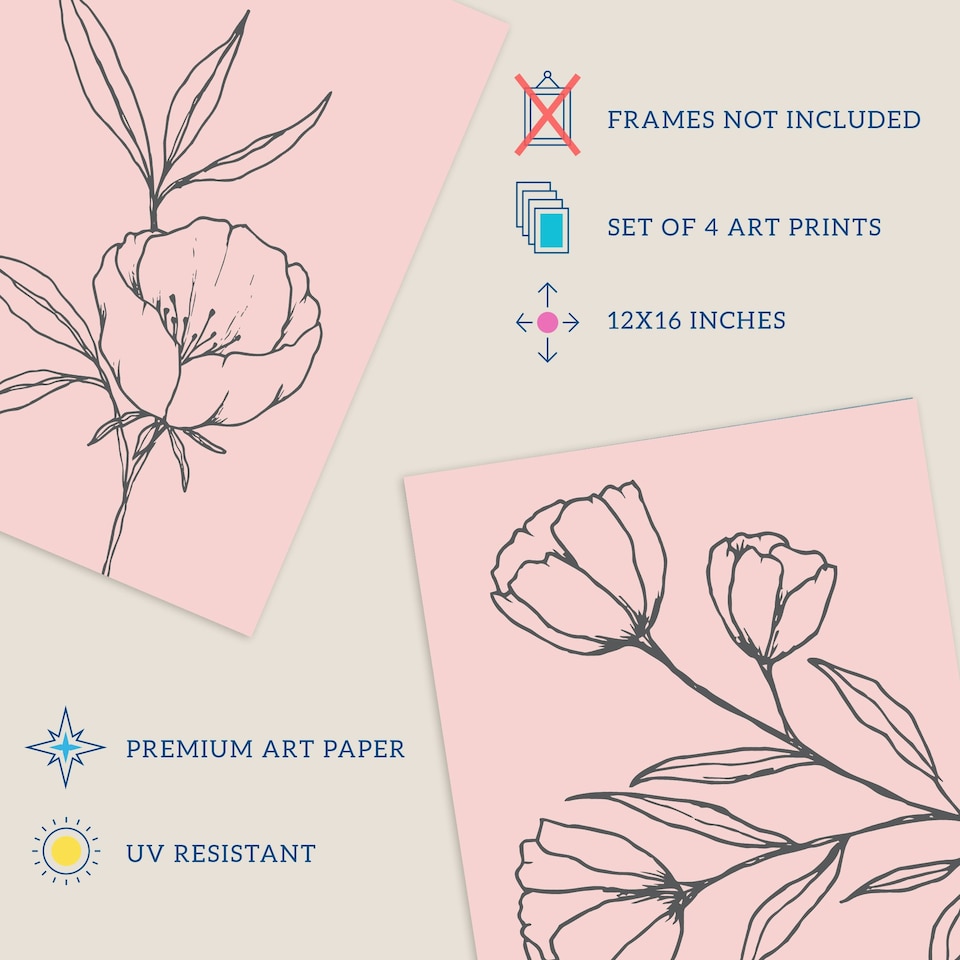 image 1 of Set of 4 Minimalist Wildflower Outline Black Pastel Pink Simple Floral Wall Art Prints 12x16 Inch