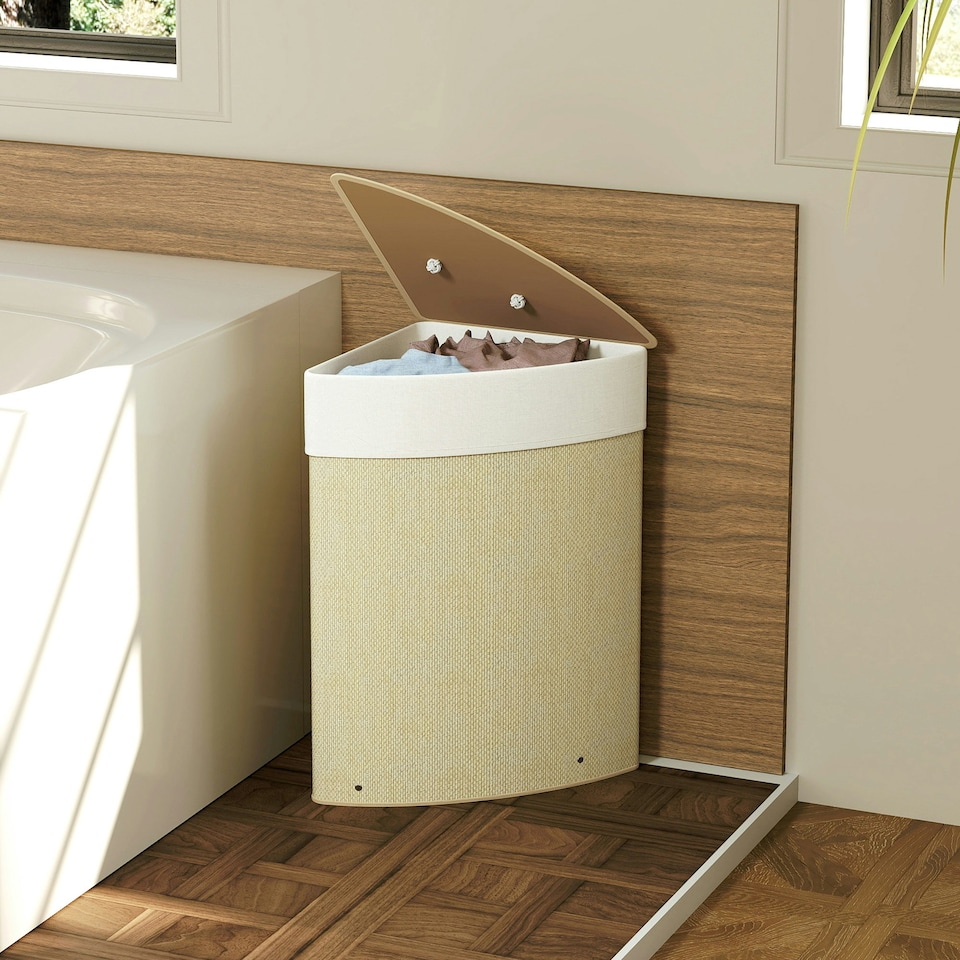 image 1 of HOMCOM 55L Laundry Hamper with Removable Washable Liner Bag, Nature Wood Finish Brown | Cream