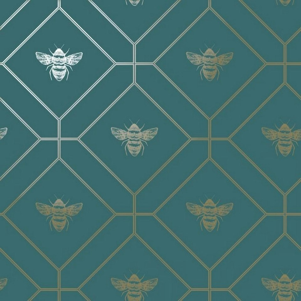 image 1 of World Of Wallpaper Bee Wallpaper - Teal/Gold - 10m x 53cm | Green