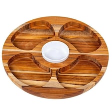 Stolf Round Teak Wood Snack Serving Board 5 Divisions with Porcelain Bowl 35.5 x 2.4cm