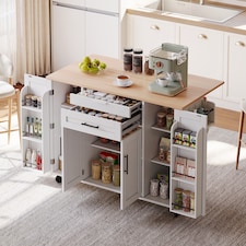 VILUXE Mobile Kitchen Island with Foldable Worktop, Hidden Cutlery Drawer, Large Drawer, Adjustable Shelves, Door Racks, Towel Rack, Spice Rack and 5 Wheels, White and Natural Wood