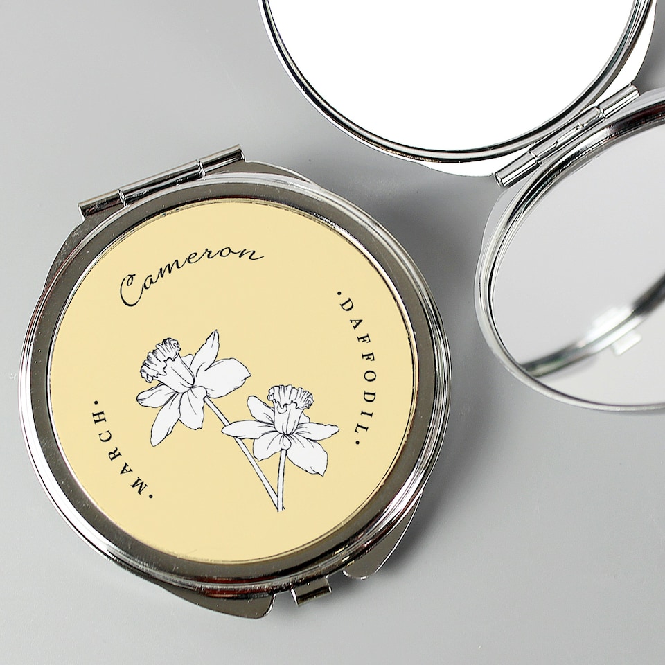 image 1 of Personalised Birth Flower Round Compact Mirror Silver