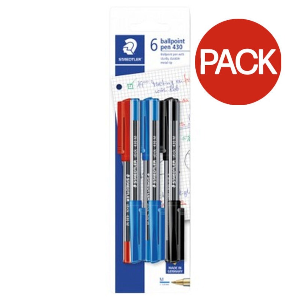 Staedtler Stick 430 M Ballpoint Pen (Pack of 6) - Red/Blue/Black - One Size