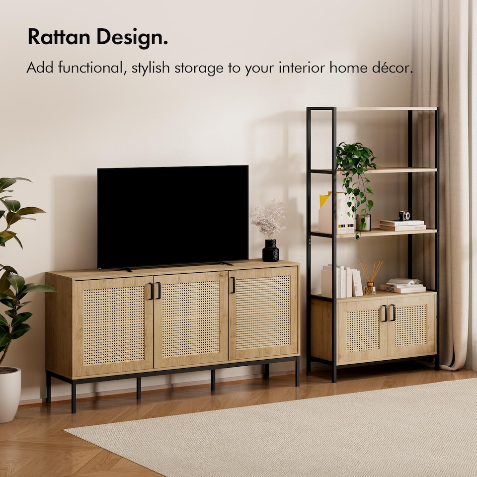 image 1 of Vonhaus Lena Rattan Effect Bookcase with 3 Open Shelves for Living Room | Brown