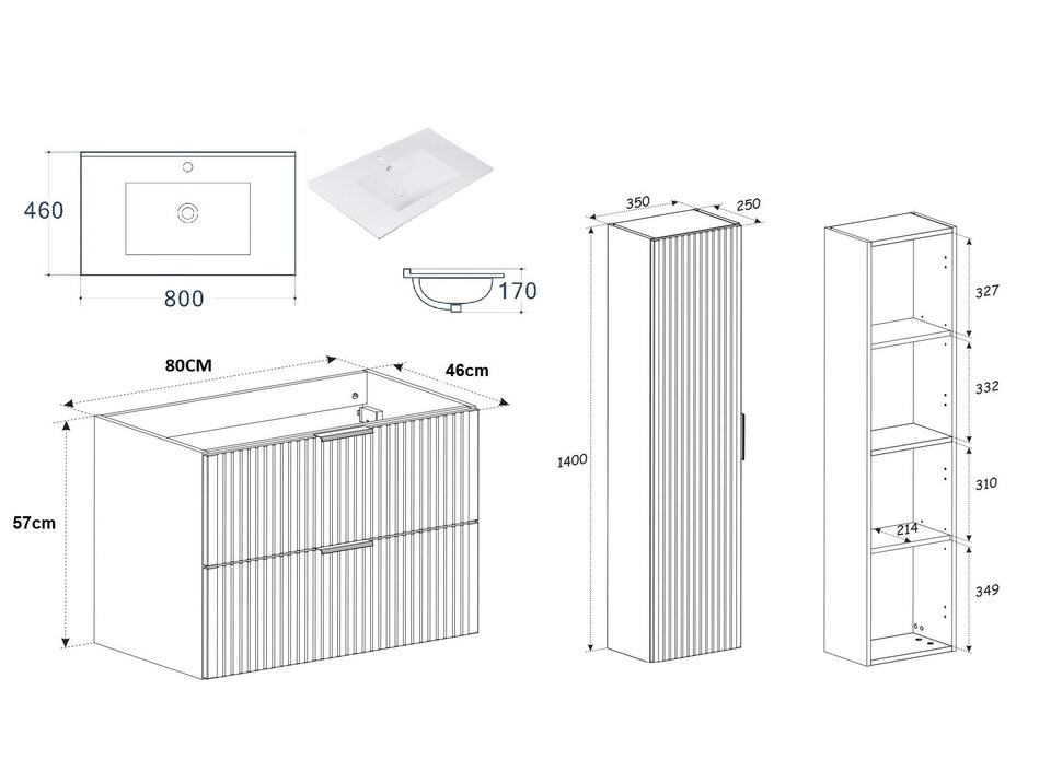 image 1 of Bathroom 800mm Vanity Set Ribbed Textured Black Modern Wall Hung Floating Cabinets Sink - Adel