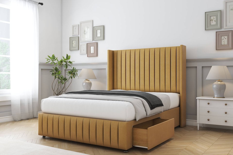 image 1 of Sloomy Marlborough Mustard Plush Divan Bed With Mattress No Drawers With 54" Wingback Headboard & 12" Matching Footboard 5' King | Gold | Mustard | King | 1