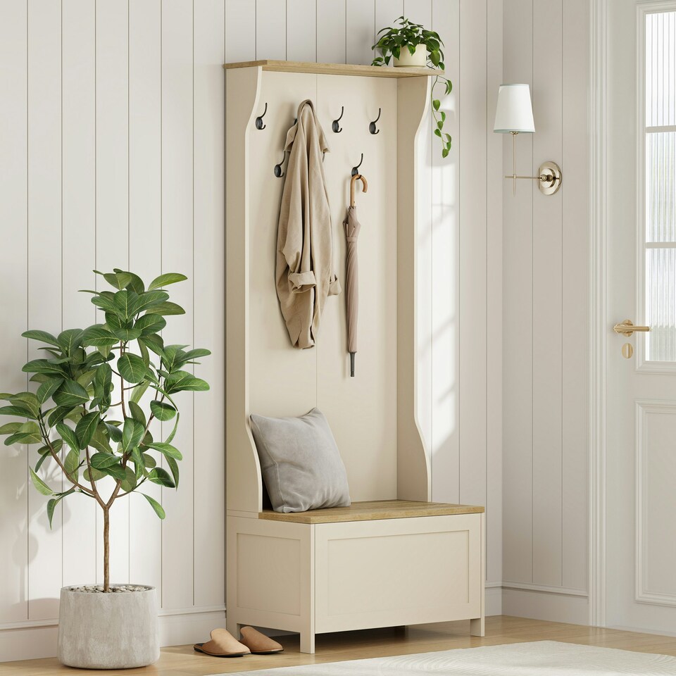 image 1 of VonHaus Hallway Unit Coat Stand with Shoe Storage Bench Cream | One Size