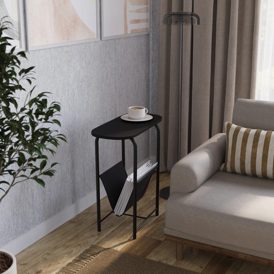 image 1 of Slim Oval Side End Table with Magazine Holder Sling Rack Coffee Snacks Newspapers | Multi | Black