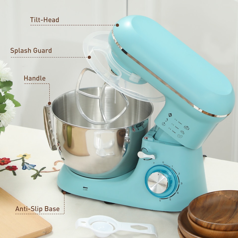 image 1 of HOMCOM Stand Mixer, 4.5L Food Mixer for Baking, 6 Speeds and Pulse Setting, 1300W Cake Electric Whisk with Dough Hook, Whisk, Stainless Steel Bowl, Splash Guard, Beater, Blue