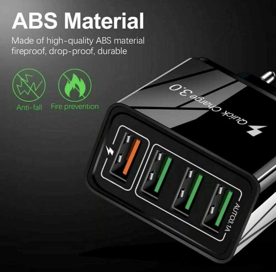 image 1 of Black 4x USB Port Wall Charger with Fast Charge QC 3.0 Port