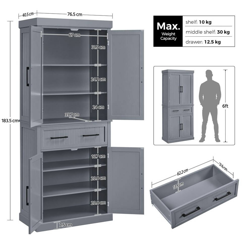 image 1 of Yaheetech Tall Pantry Cupboard with Doors and Adjustable Shelves Grey | Dark Grey