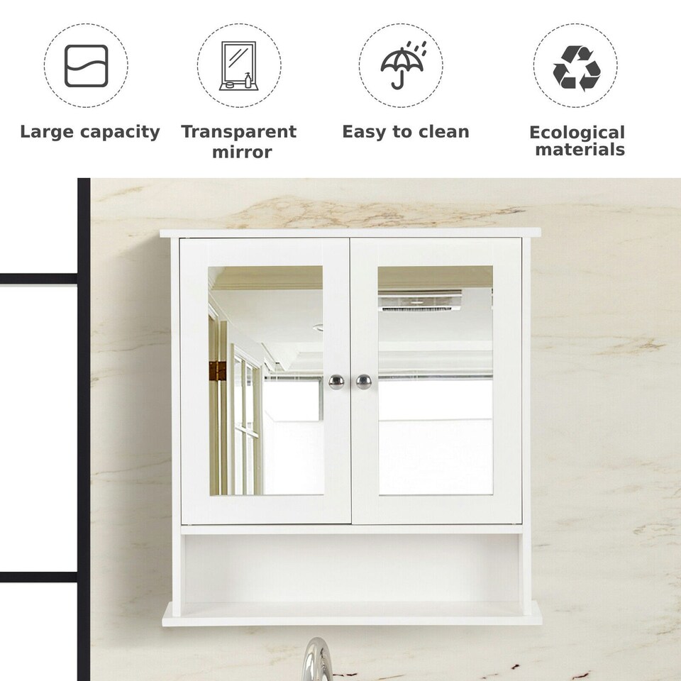 image 1 of COSTWAY Wall Mounted Bathroom Mirror Cabinet Storage White White