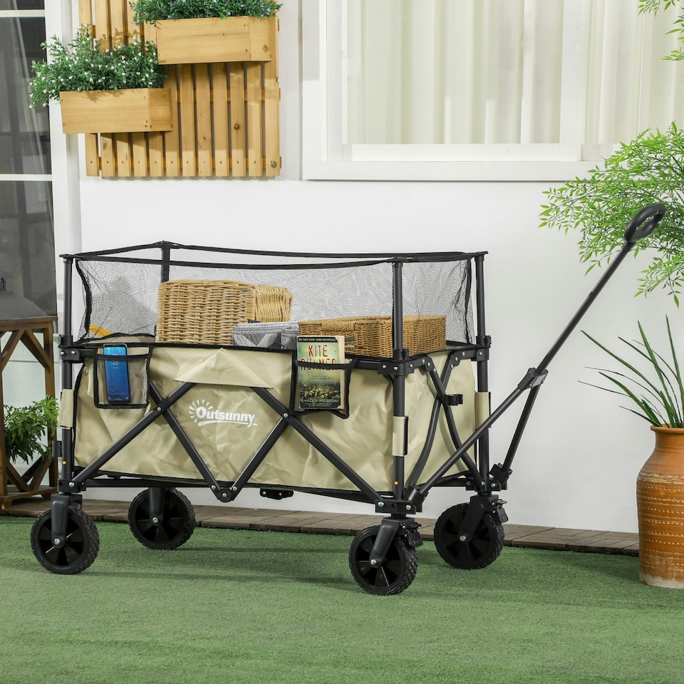 image 1 of Outsunny 180L Folding Garden Trolley Wagon Cart w/ Extendable Side Walls, Black