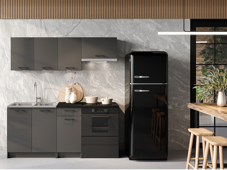 image 1 of Kitchen Cabinets 5 Unit with Sit On Sink Black Grey Complete Kitchenette 180cm DIY Set Fitted Kitchen Package with Worktop Lina