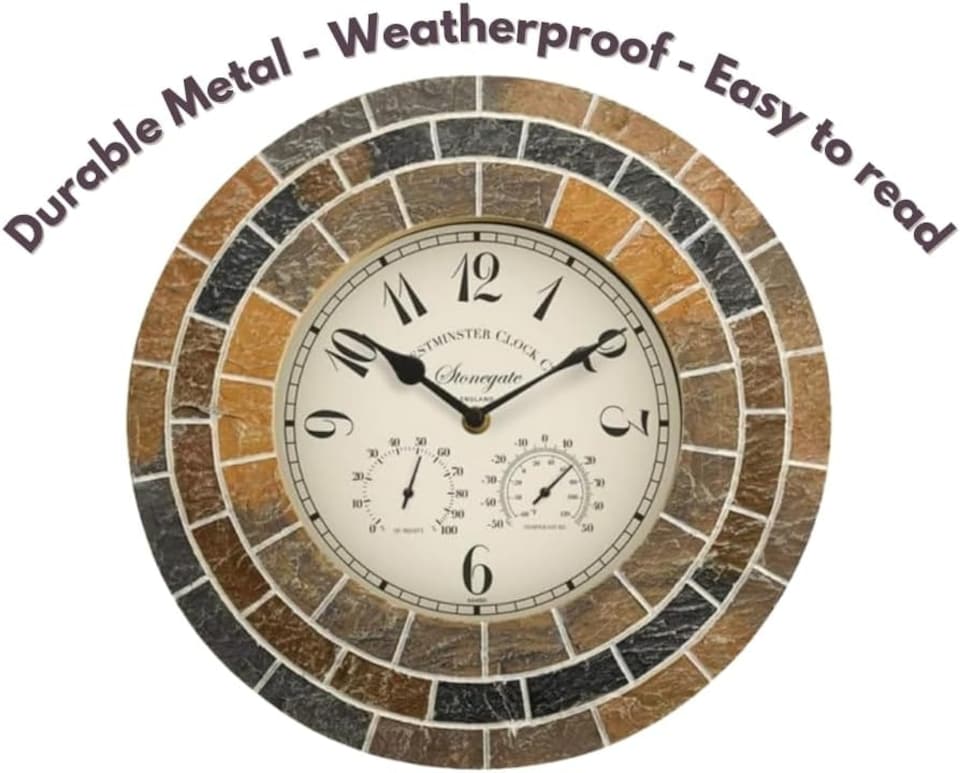 image 1 of Marco Paul 34cm Stone Slate Outside Clock and Thermometer | Multi