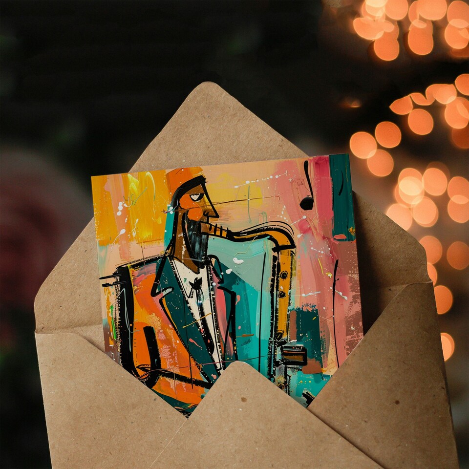 image 1 of Saxophone Player Jazz Music Musician Colourful Abstract Greeting Card