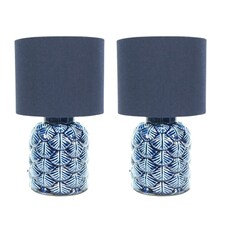 ValueLights Priyah Set of 2 - Navy Blue Textured Scallop Effect Ceramic Table Lamp with Drum Shade | Blue