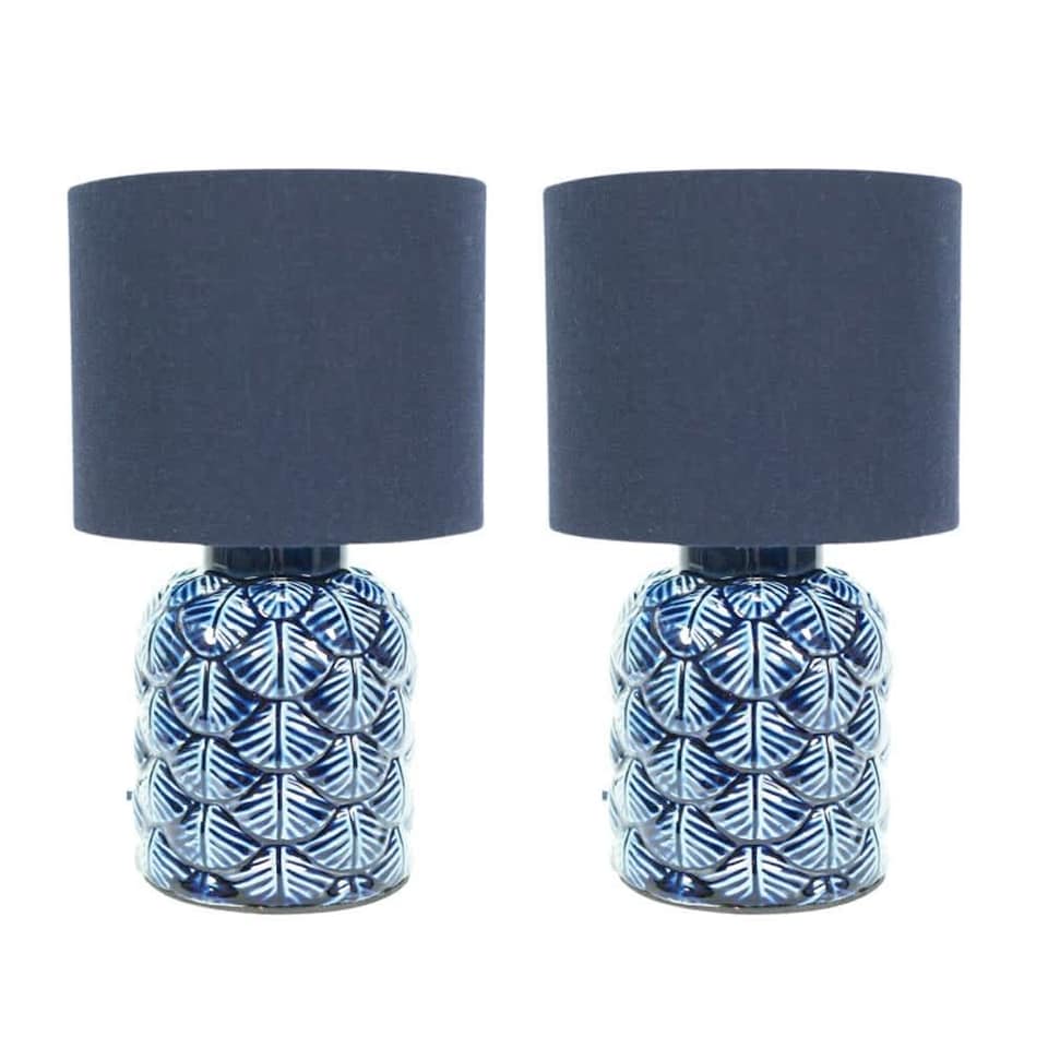 image 1 of ValueLights Priyah Set of 2 - Navy Blue Textured Scallop Effect Ceramic Table Lamp with Drum Shade | Blue