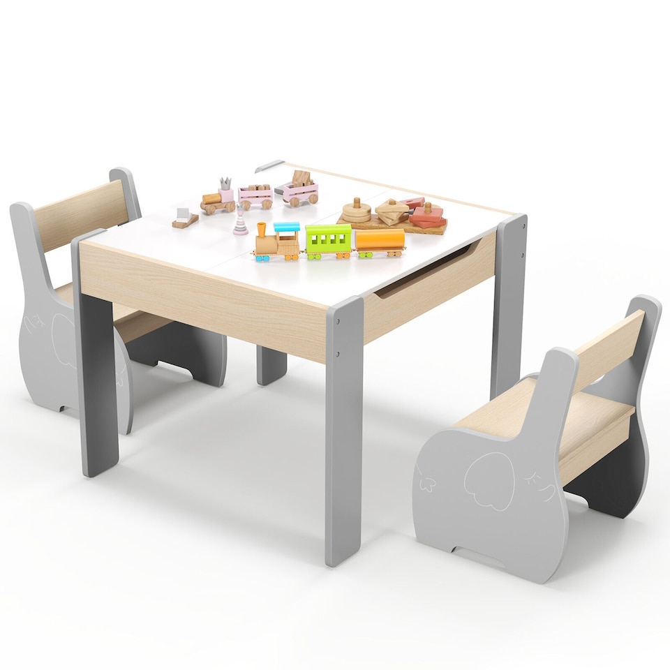 image 1 of COSTWAY Wooden Kids Table and Chair Set with Storage Grey