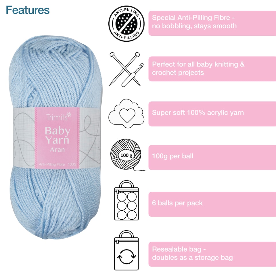 image 1 of Trimits Baby Aran Yarn 6 x 100g Acrylic Knitting & Crochet Wool Soft Anti Pilling Machine Washable OEKO-TEX