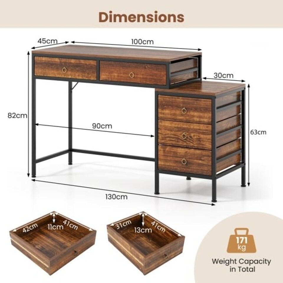 image 1 of COSTWAY Computer Desk with 5 Drawers and Side File Cabinet Brown Brown