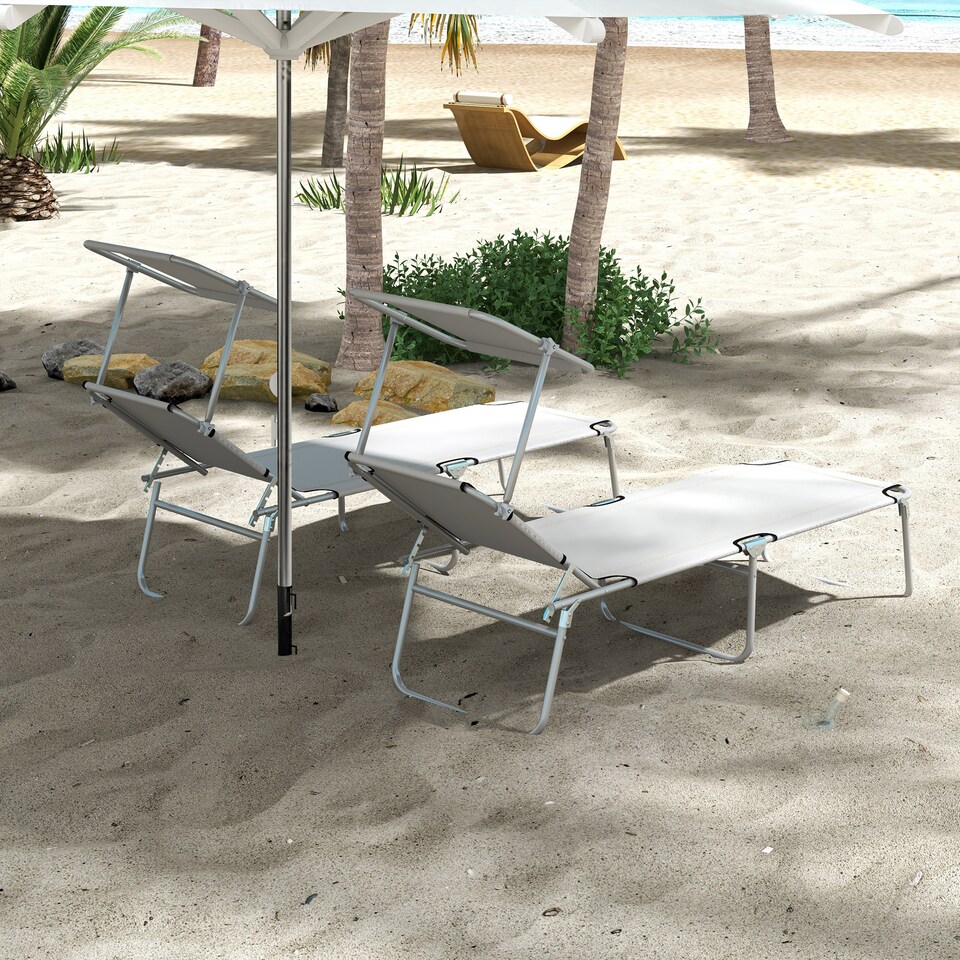 image 1 of Outsunny Folding Sun Lounger Set of 2 w/ Sunshade Adjustable Backrest Light Grey