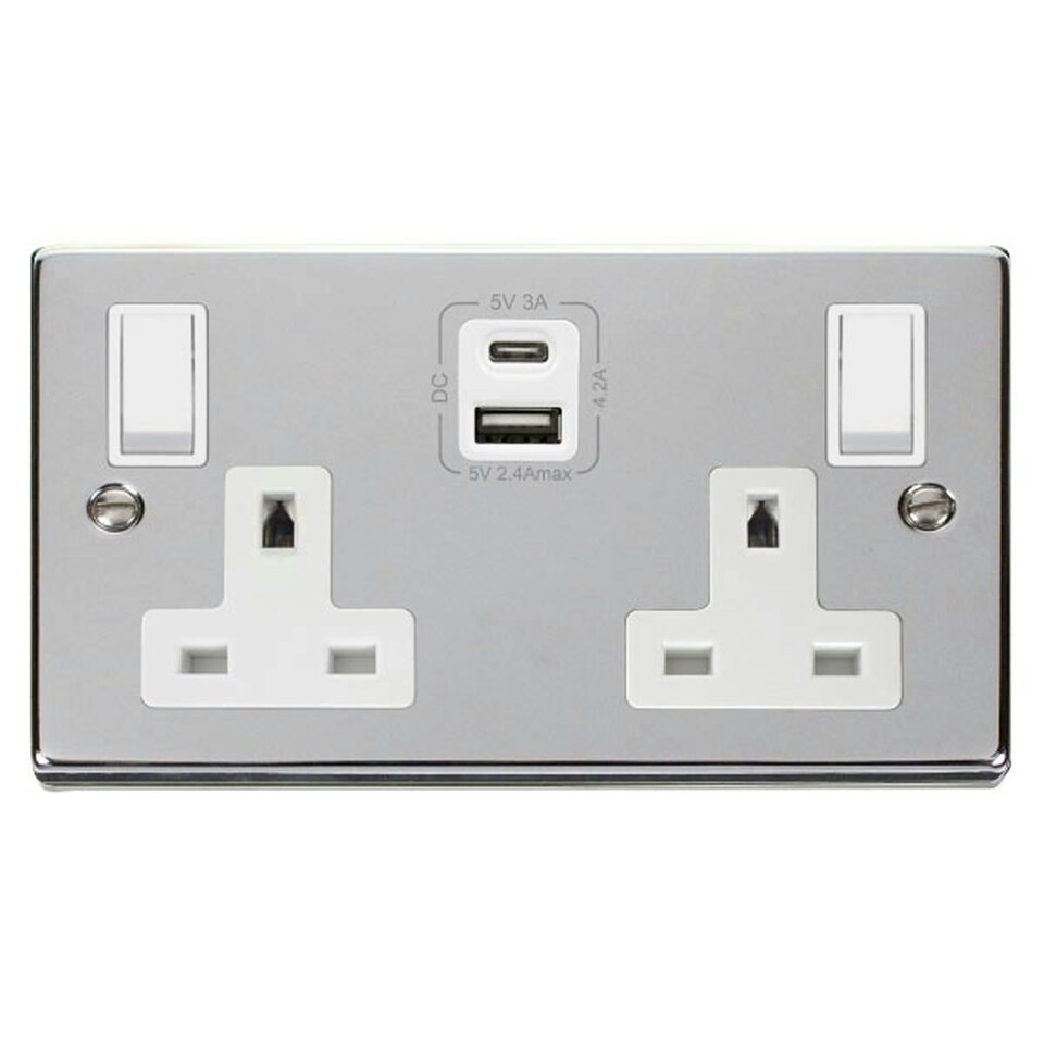 SE HOME Polished Chrome 2 Gang 13A Type A & C USB Twin Double Switched Plug Socket White | Polished Chrome